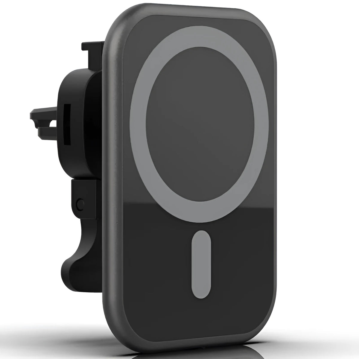 Black magnetic car wireless charging phone holder with USB interface, 15W charging, and indication function for 12V in-car use.