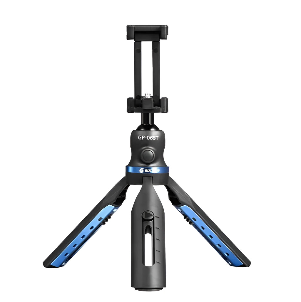 Black desktop mobile phone tripod stand holding a phone, showing adjustable angle bracket.
