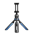 Black desktop mobile phone tripod stand holding a phone, showing adjustable angle bracket.
