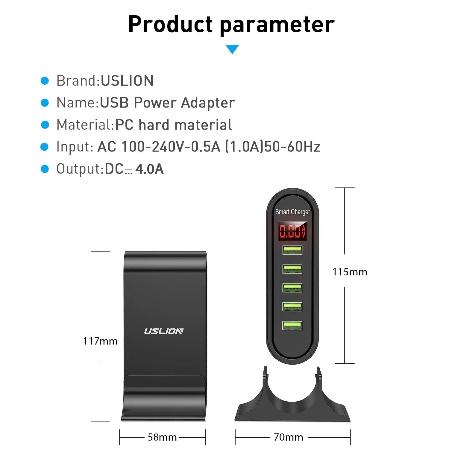 Smart LED digital display USB charger in black or white with regional plug options