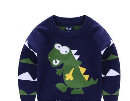 Red boys 100% cotton pullover sweater with wild dinosaur cartoon print, enzyme wash, size 110cm