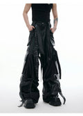 Black loose retro quilted pants with multiple pockets and stitching ribbon details