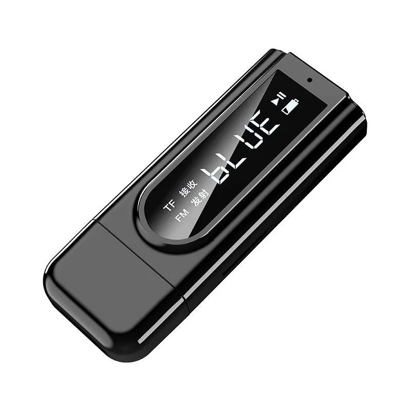 Black USB car FM Bluetooth receiver with LCD screen plugged into a car dashboard 12V socket.