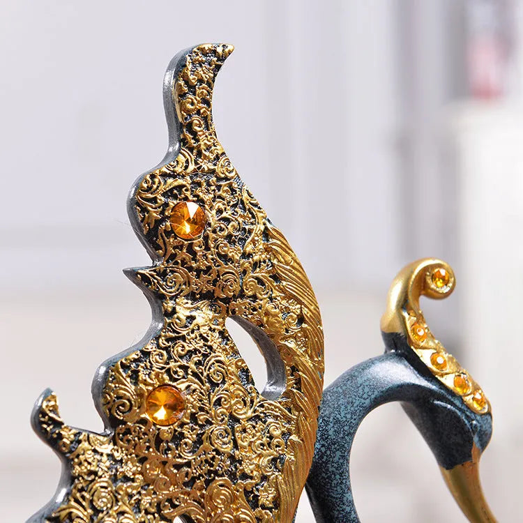 Resin couple swan decoration figurine set large 16x8x29cm small 14x6x24cm blue and gold