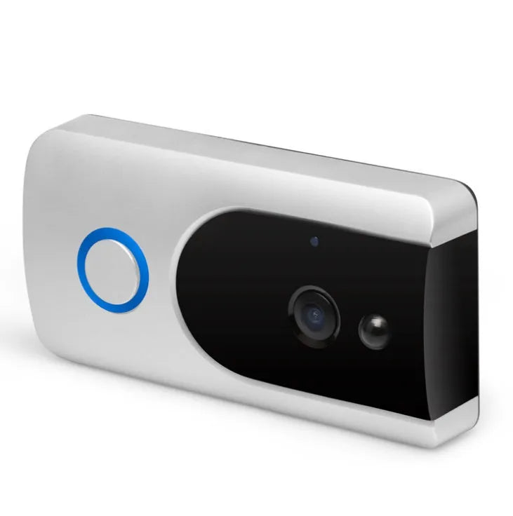 Smart WiFi video doorbell in grey or silver with 720P camera and 166° wide-angle lens for two-way intercom and PIR motion detection.