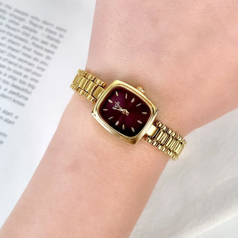 Small gold watch with 8mm alloy case gold strap and choice of gold white blue or dark brown face