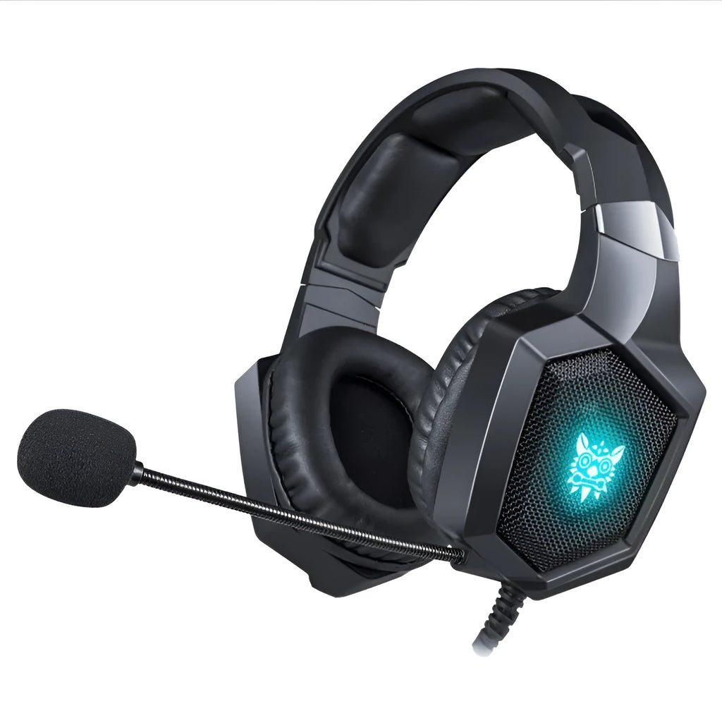 Black luminous wired gaming headset with 3.5mm plug on a desk for PC gaming