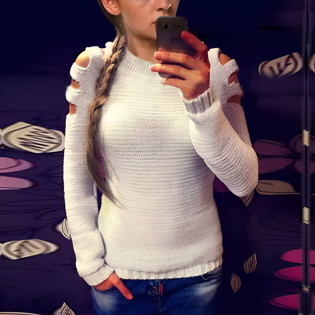 Women's grey crocheted hollow-out long-sleeve pullover shirt laid flat.