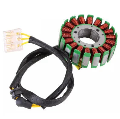 Metal stator ignition coil for motorcycles, dimensions 17x12x7cm, isolated on white background