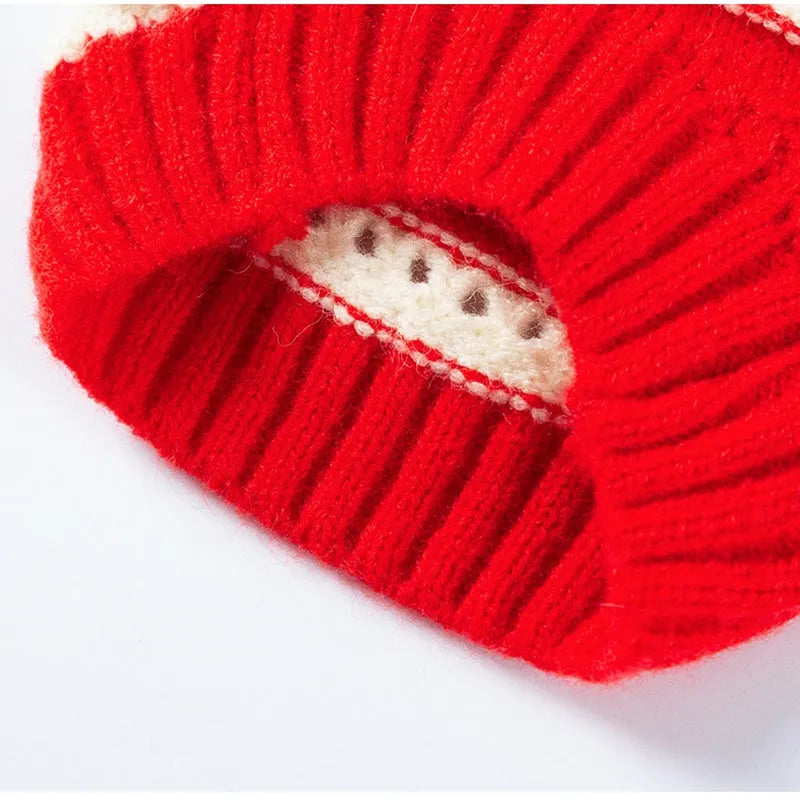 Red and white knitted pet sweater with cut-out detail and 3D cherry embroidery for small dogs and cats