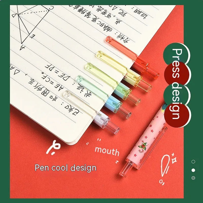 6 cartoon design press gel pens with black refills in Christmas gift packaging