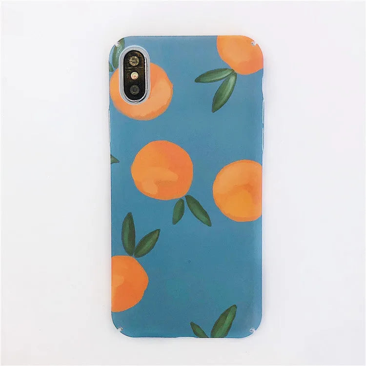 Orange and blue retro design plastic back cover case for iPhone on a table.