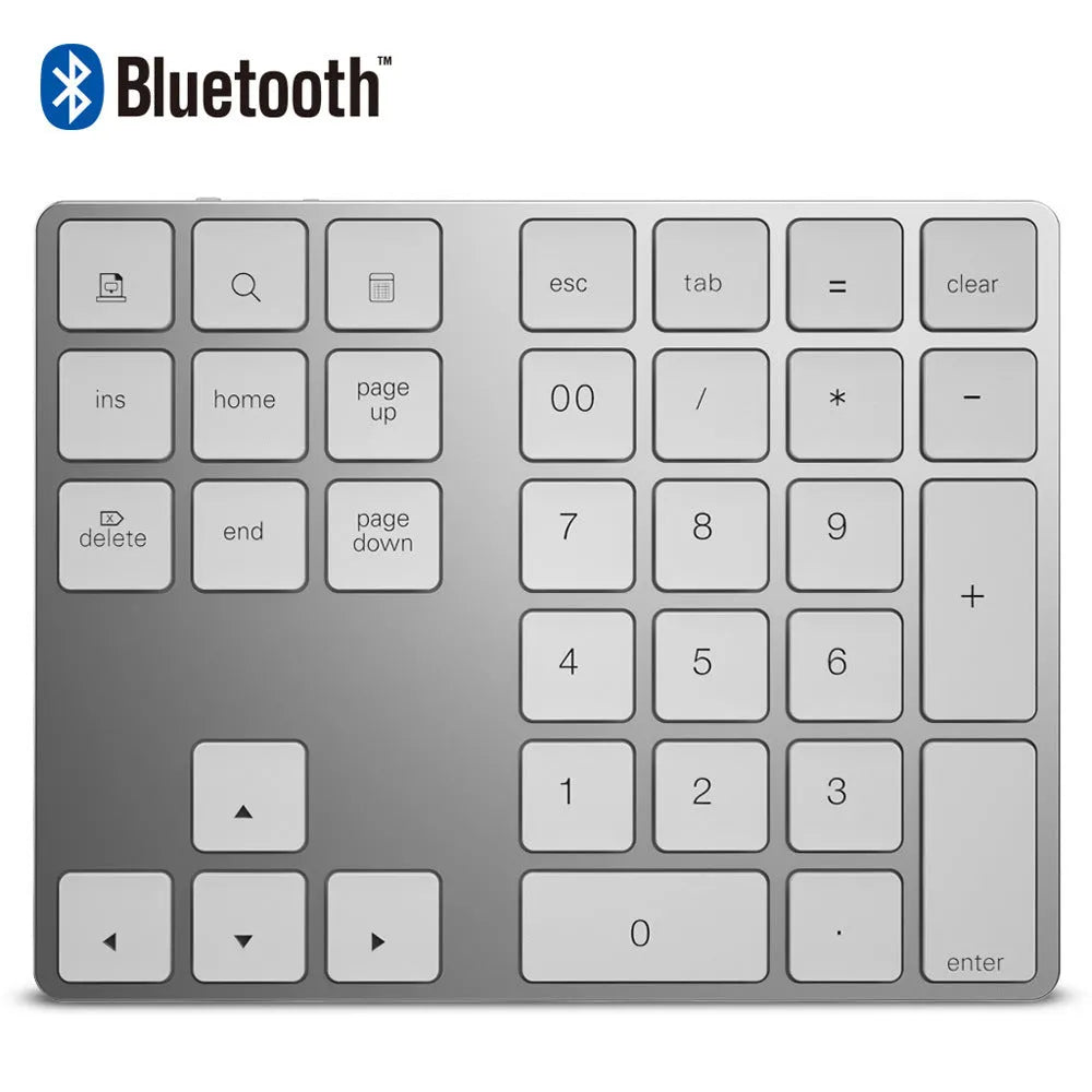 Aluminum Numeric Keypad 34-Key Wireless Bluetooth 3.0 Numpad for Windows iOS Android - 10m Range 110mAh Battery Black Silver Aluminium Alloy