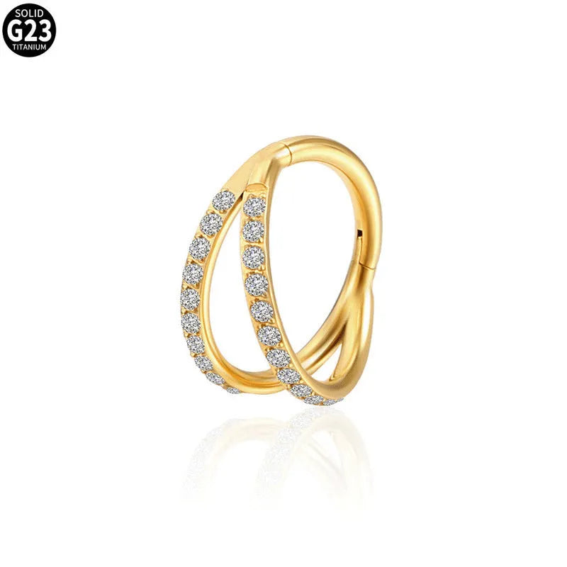 G23 titanium alloy lip and nose ring with zircon diamond finish in gold or steel colour, showing size options.