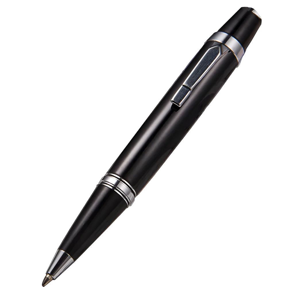 Short black metal ballpoint pen with rotating mechanism and 112mm length