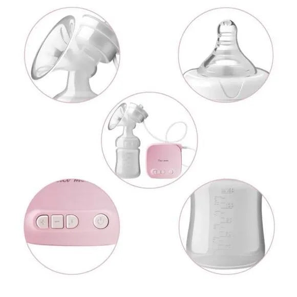 White electric breast milk pump kit with 150ml bottle and USB cable on a plain background