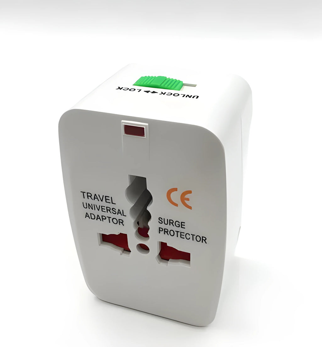 Compact white universal travel plug converter adapter for international sockets.