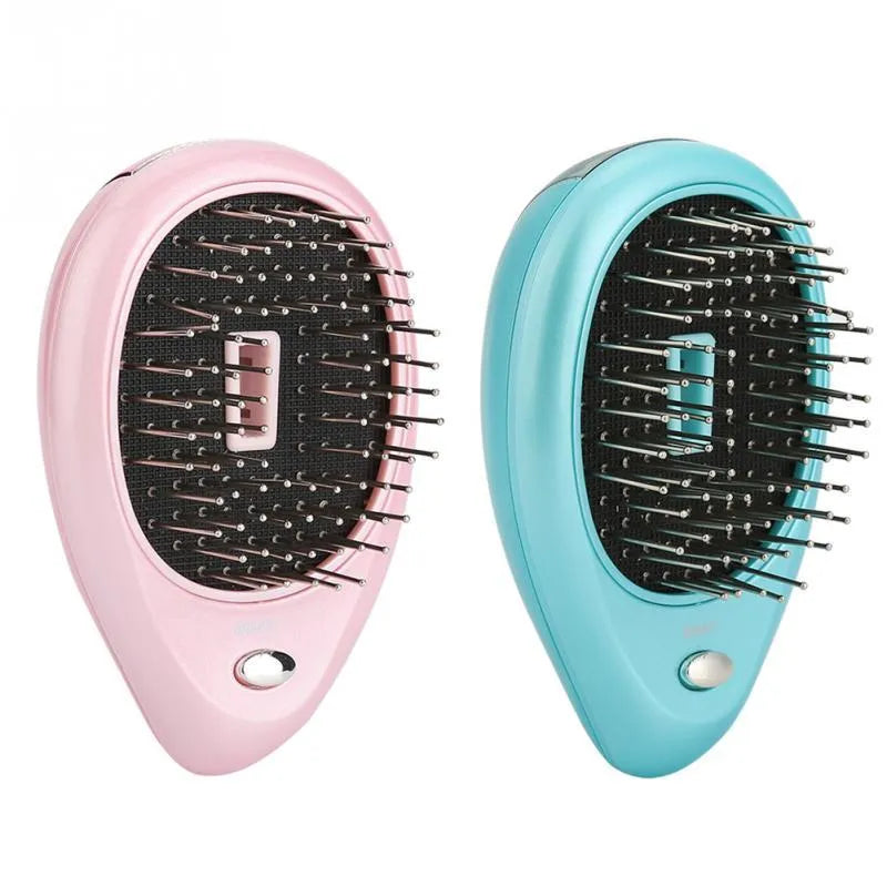 Pink electric ionic hair comb with ergonomic design on white background