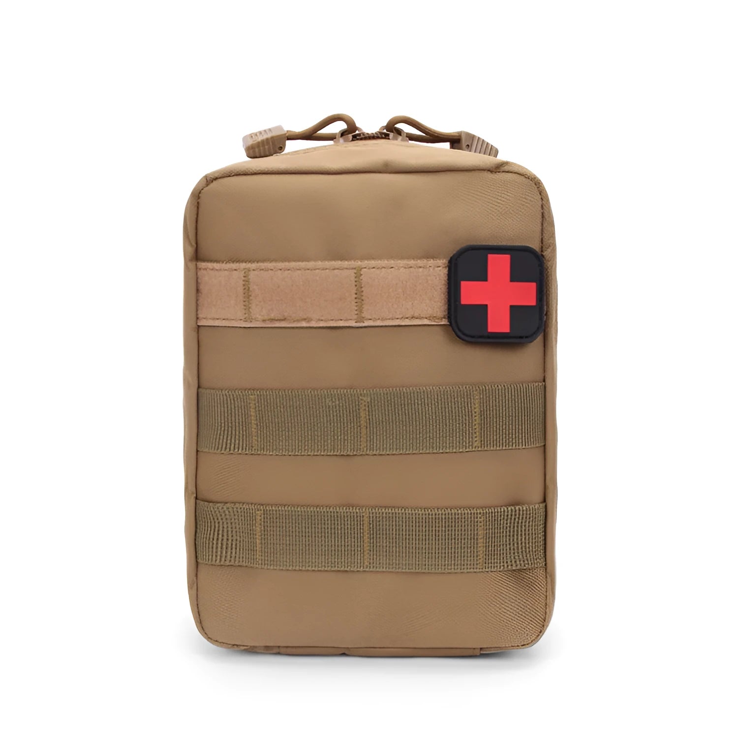 Army green tactical nylon accessory bag with hook-and-loop fasteners, shown next to a tape measure indicating 15cm by 21cm dimensions.