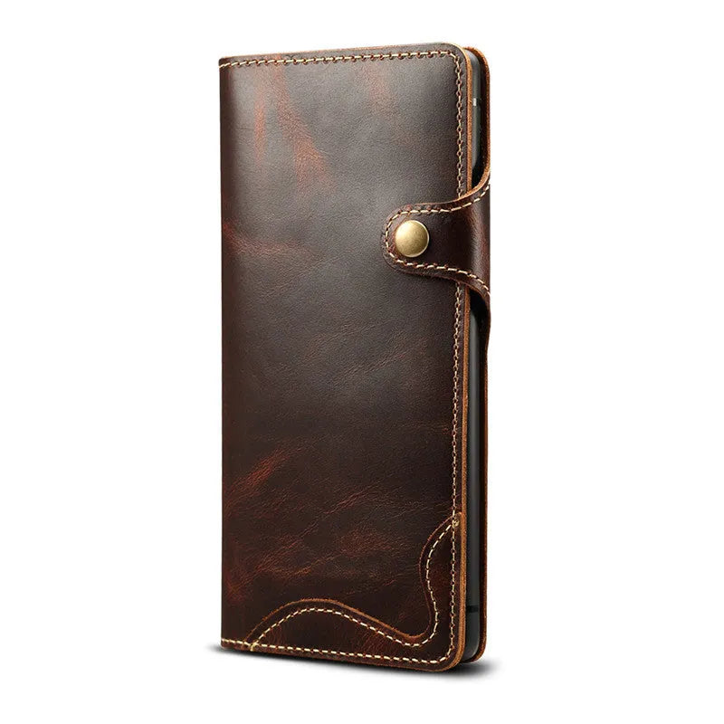 Handmade vintage oil waxed leather phone case with wallet and bracket in clamshell design