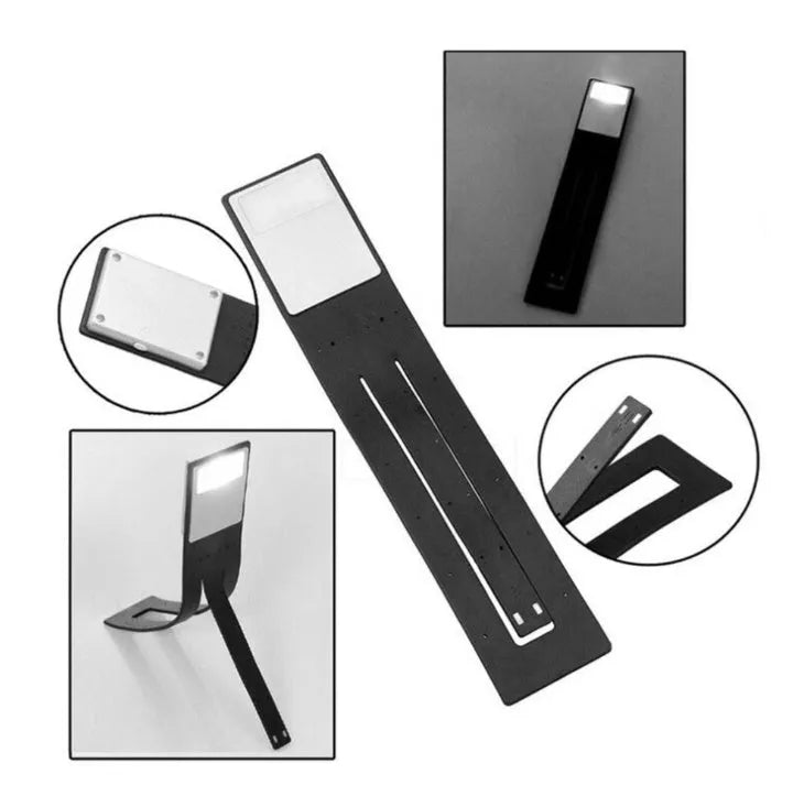 Black plastic folding LED reading lamp shown open and closed, highlighting its thin 9mm profile.