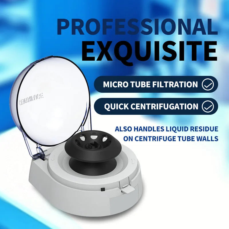 Mini laboratory centrifuge with compact 157×170×120 mm dimensions and 7000 rpm maximum speed