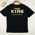 Printed black short sleeve T-shirt for men and women, knitted polyester fabric, straight fit, front view