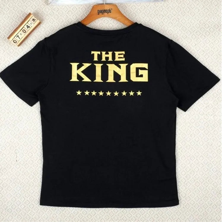 Printed black short sleeve T-shirt for men and women, knitted polyester fabric, straight fit, front view