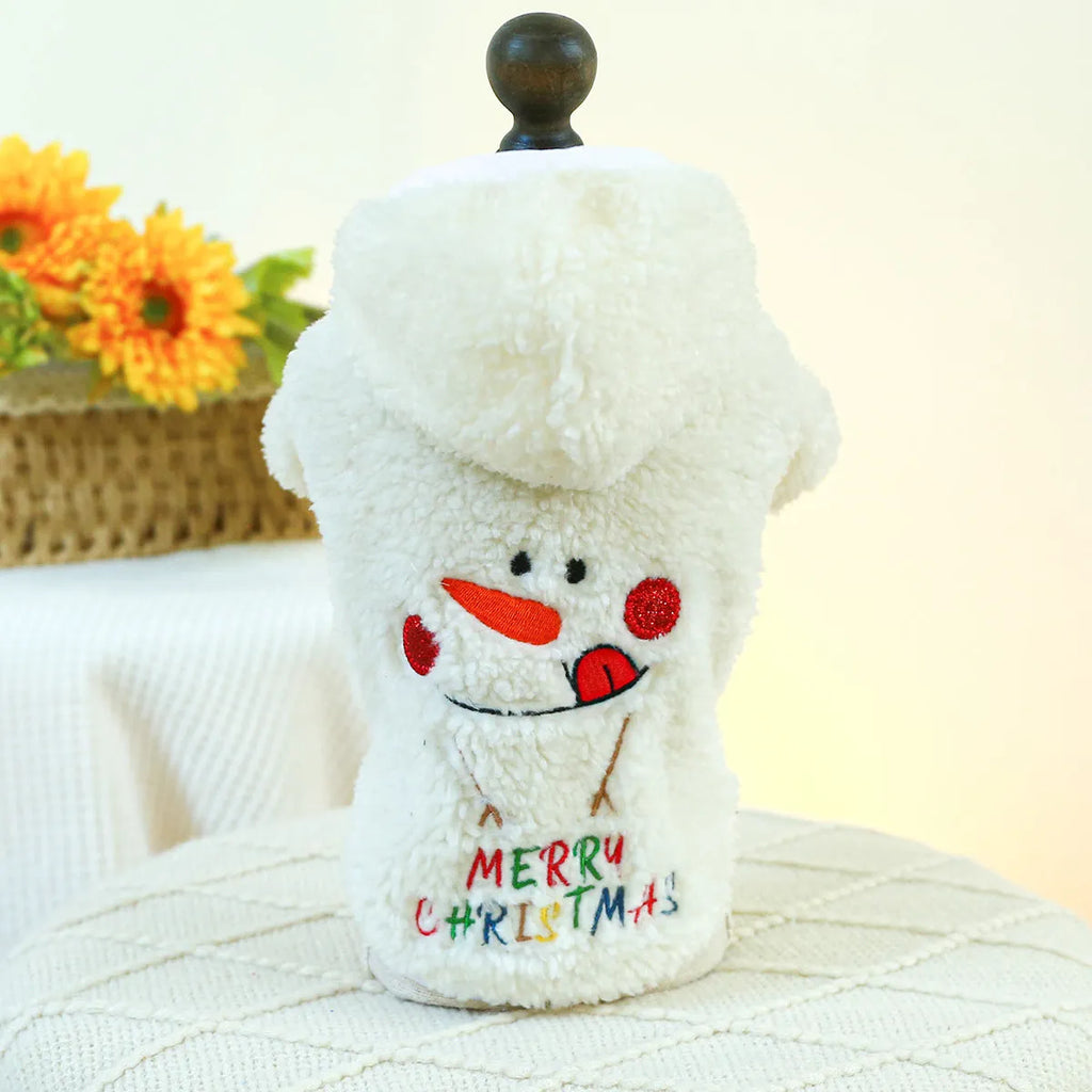 Christmas fluffy pet jacket in sweet mouth snowman design, side view on cat, size M