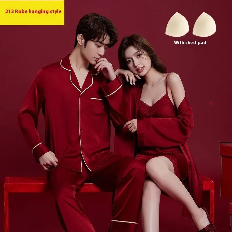 Red silk pyjama set for men and women with long sleeves and trouser length
