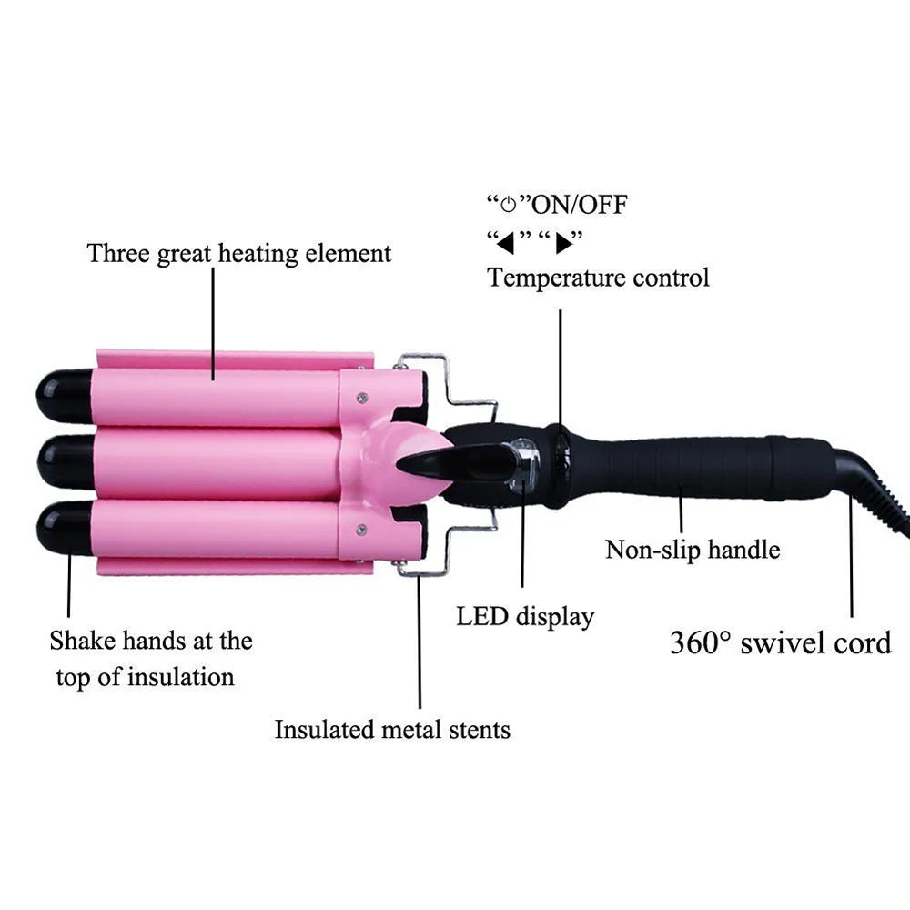 Pink curling iron with LCD screen, conical ceramic barrel 16-20mm, and rotating cord