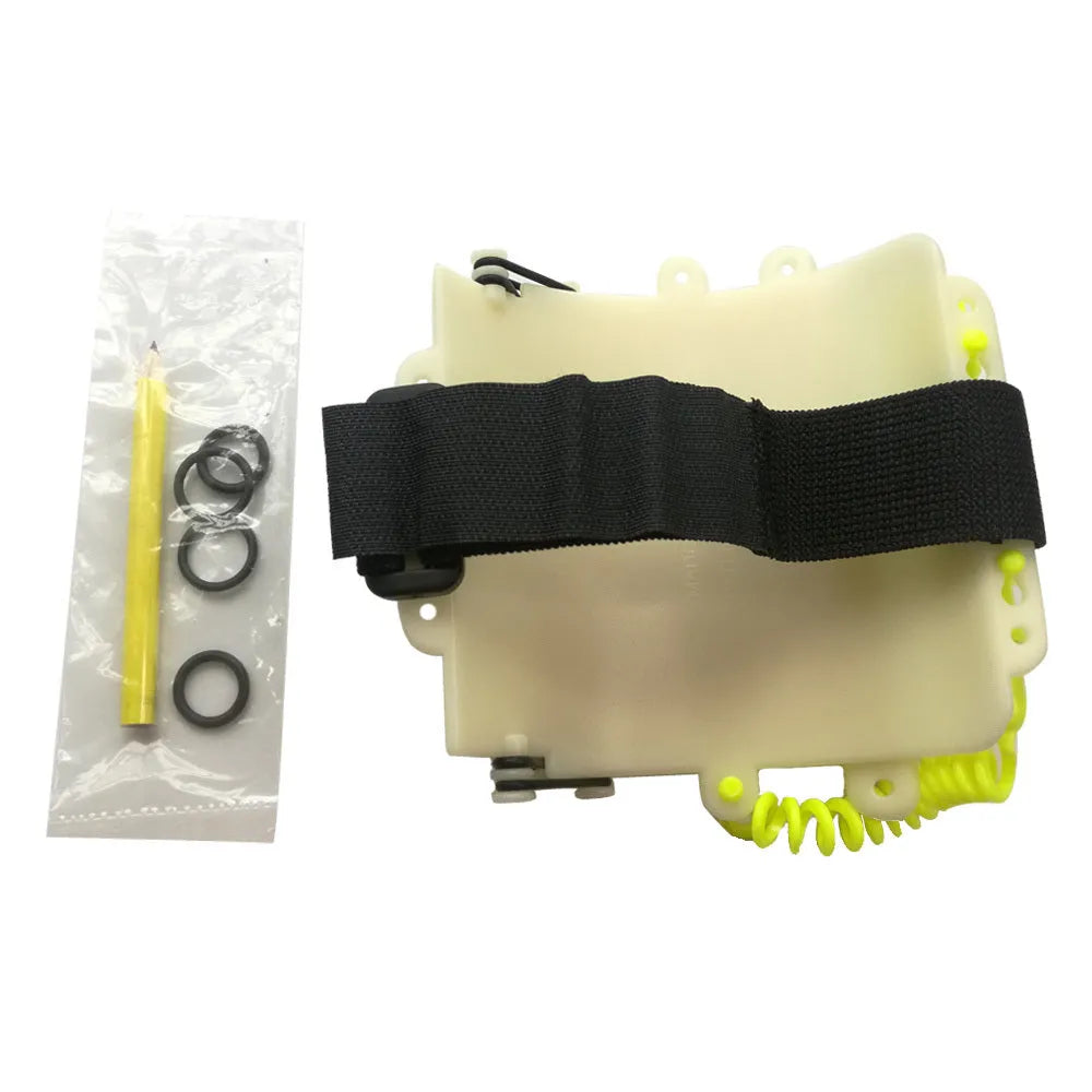 White luminous ABS wrist writing board for underwater communication, shown with a pencil and spare O-ring.