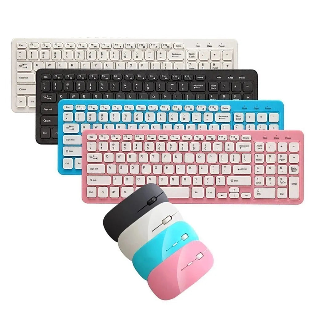 Black, white, pink, and blue wireless keyboard and mouse set with a micro USB receiver on a desk.