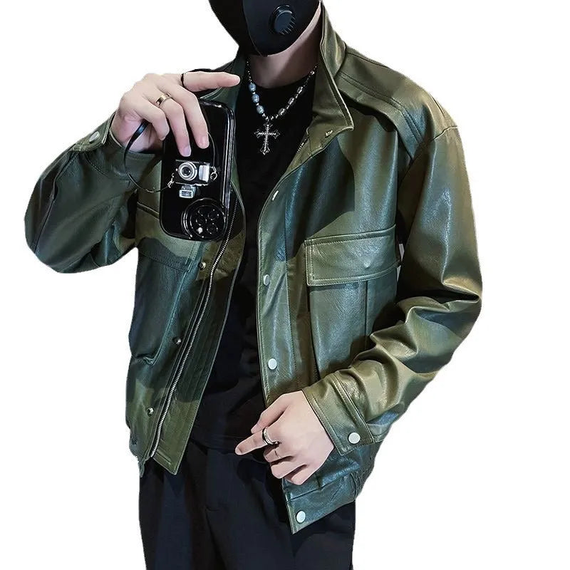 Men's black PU leather pilot jacket with side pockets and straight hem