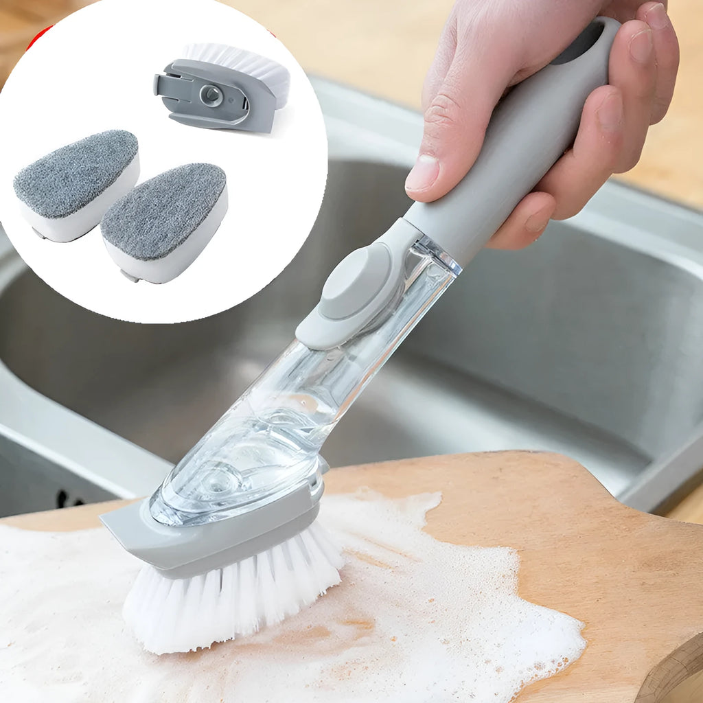 2 in 1 long handle cleaning brush with removable brush head, PP and nylon bristles, sponge attachment and button for washing-up liquid.