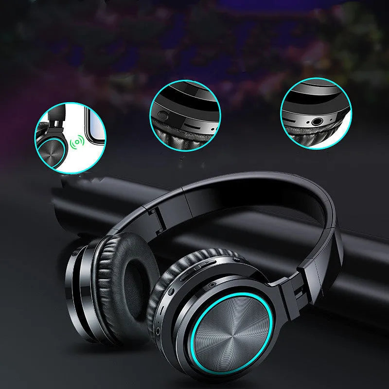 B12 wireless folding headset in black, black and red, or white and grey colour options showing head-mounted design