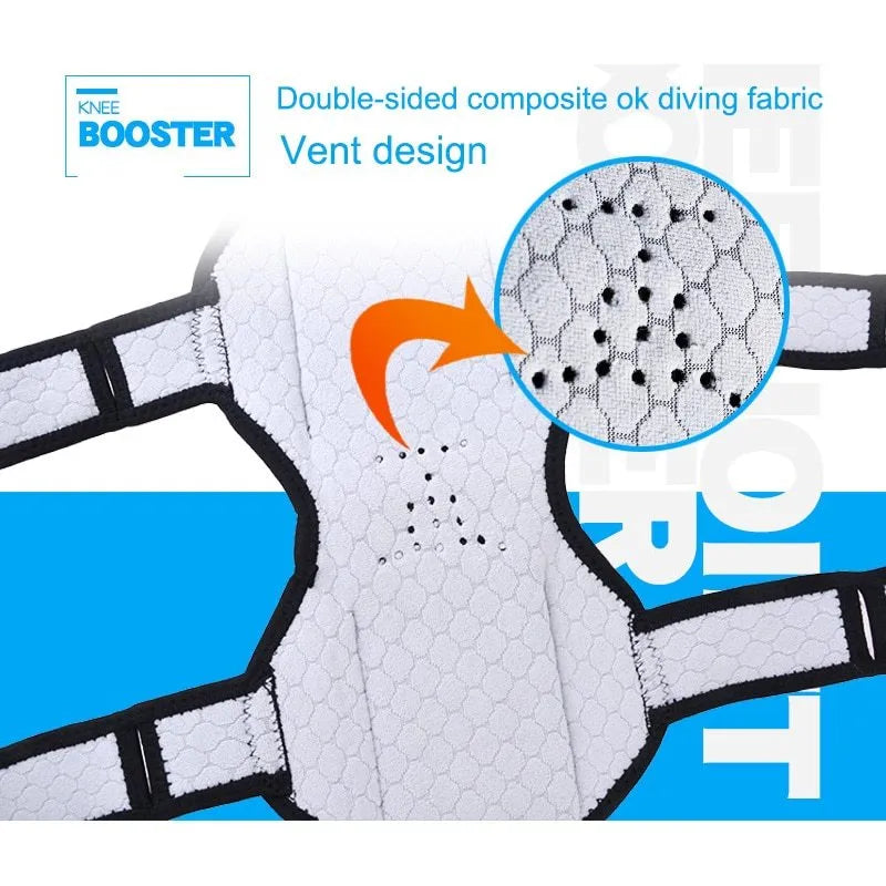 Black knee booster pair with carbon steel spring, adjustable Velcro straps, mesh ventilation and non-slip fabric, 29.5 x 28 x 27 cm