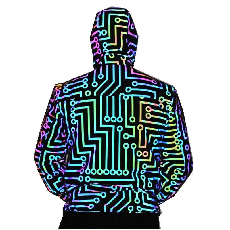 Men and women colorful reflective hooded polyester dance jacket in black with straight hem
