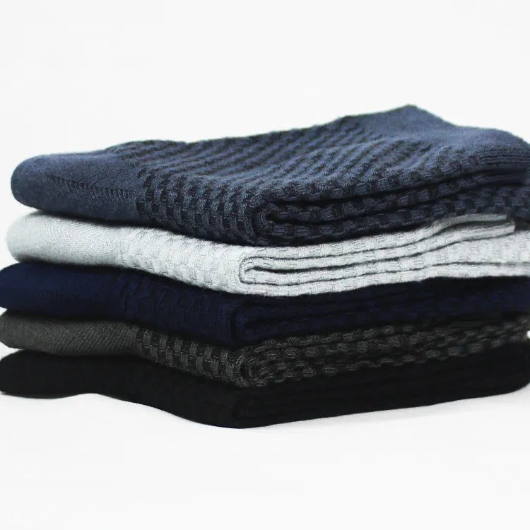 Men's bamboo fibre crew sock with small square pattern in black, navy, grey, and grey-blue colours.