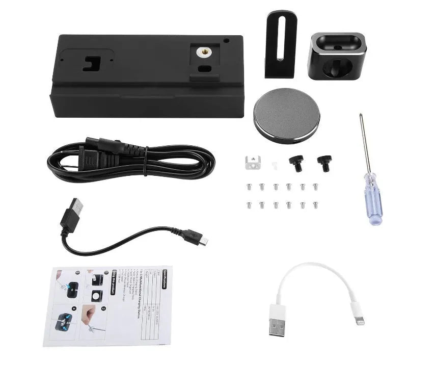Black eight-in-one wireless charging station bracket with five USB ports and a circular aluminium alloy wireless charging pad.