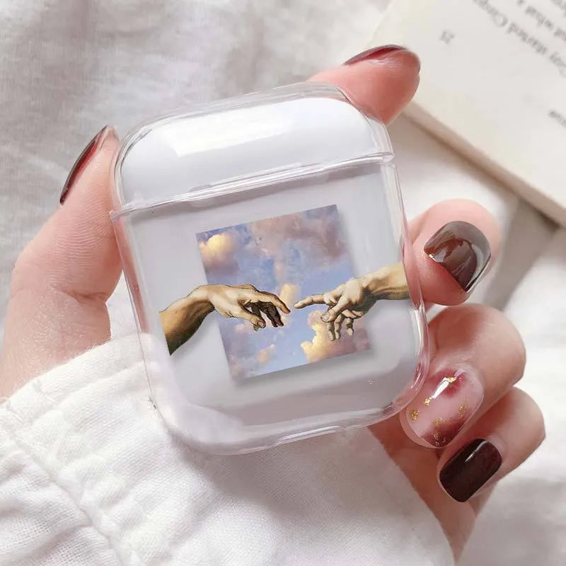 Transparent plastic protective cover for Apple AirPods case showing colour style options.