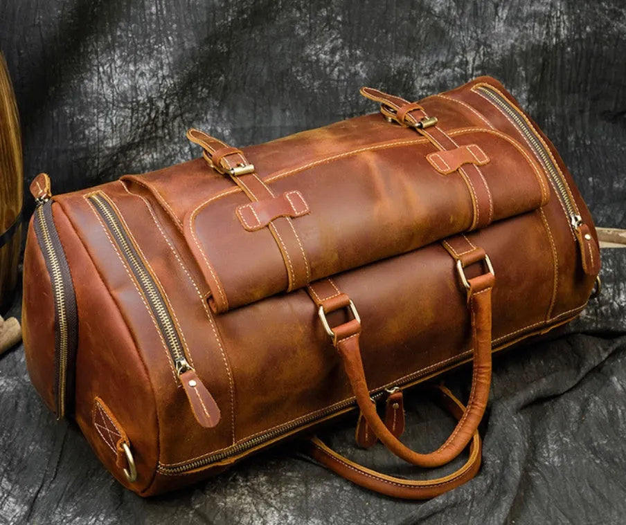 Retro crazy horse leather travel bag 22 inch 36-55L first layer cowhide in red brown or dark brown