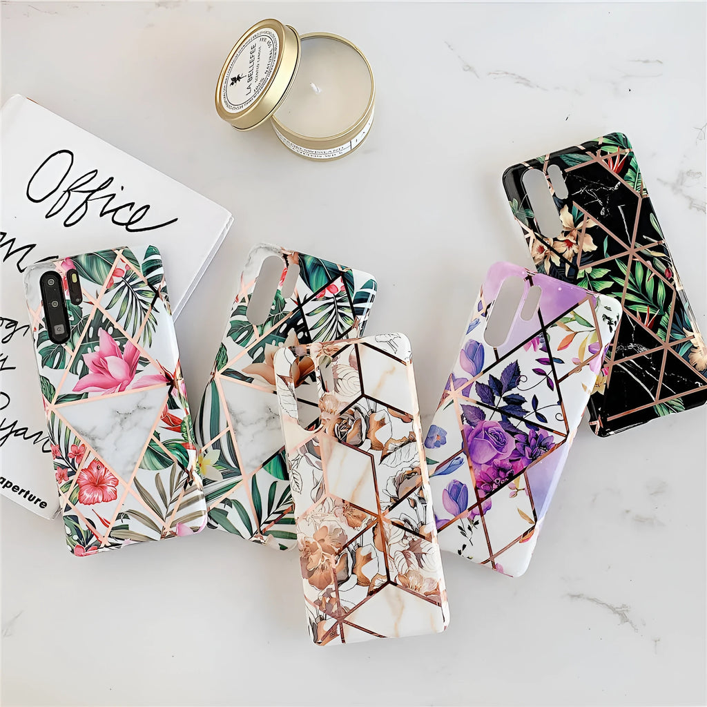Huawei phone case with white floral lattice pattern on blue background