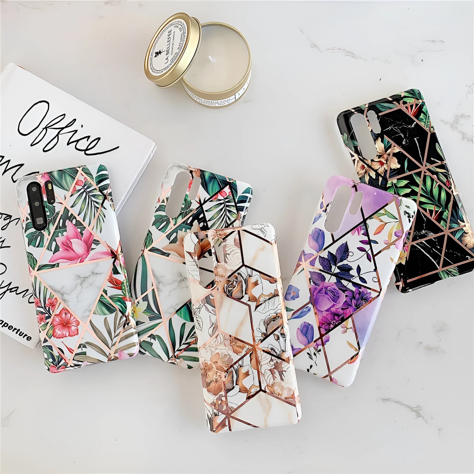 Huawei phone case with white floral lattice pattern on blue background