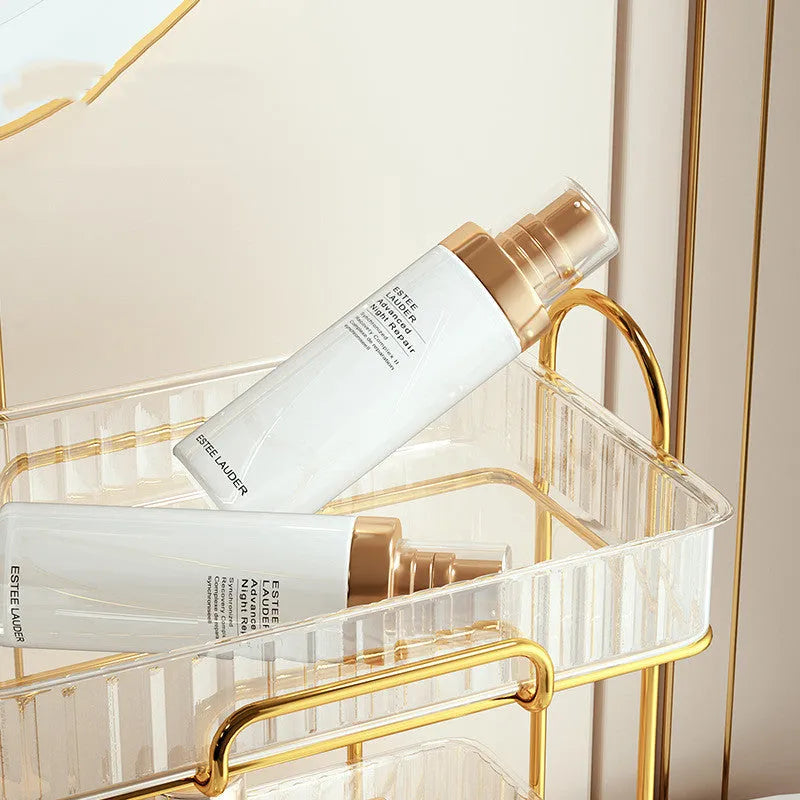 Cosmetic shelf in transparent finish with iron frame and PET panels for bathroom storage