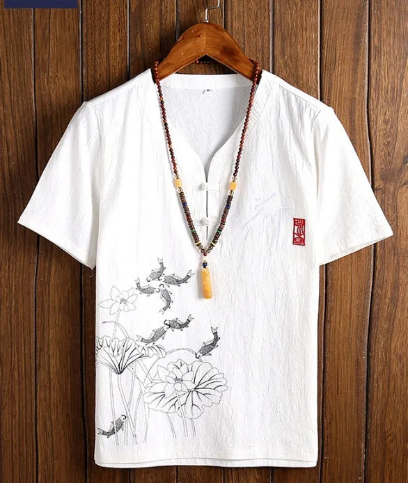 Printed cotton V-neck short sleeve t-shirt in apricot, navy blue, black, grey, or white, sizes L to 5XL.