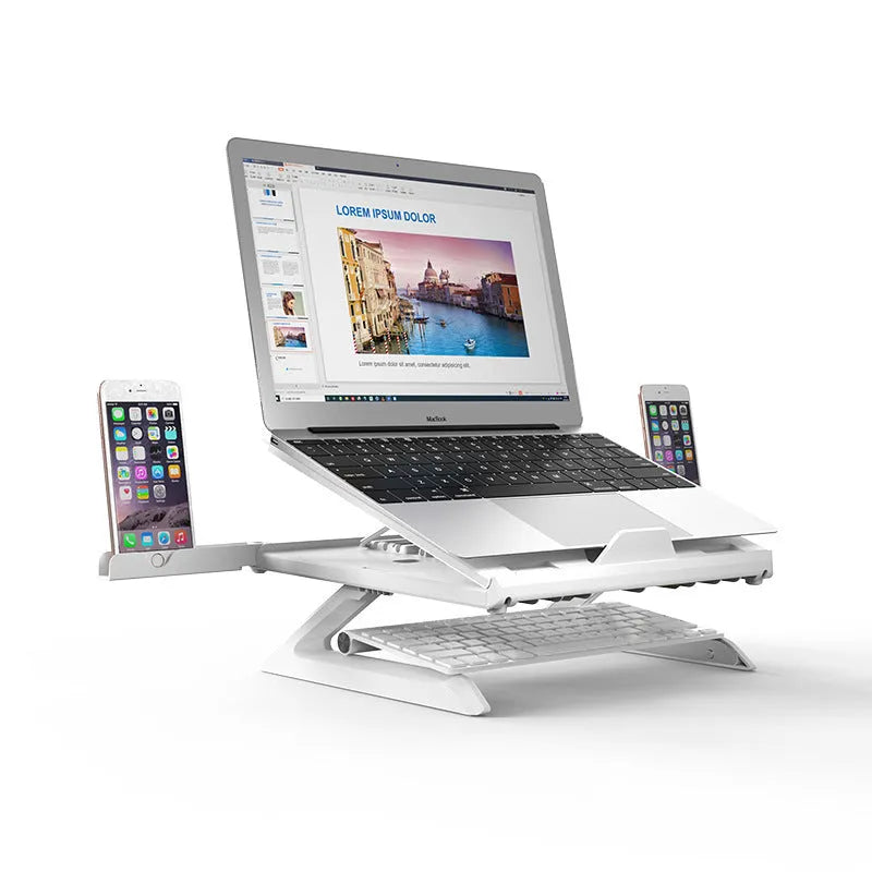 New folding laptop stand in black with 9-level angle adjustment, cooling slot, and phone holder for 10-15.6 inch laptops