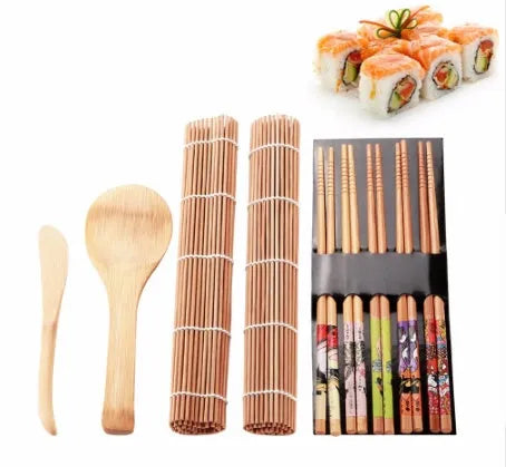 Sushi tool set with bamboo rolling mat and white plastic rice paddle for home sushi making