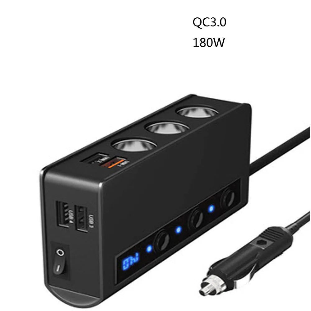 Car charger with cigarette lighter socket, one-for-three, QC3.0, 70cm cable, black or red, ABS body, 295g