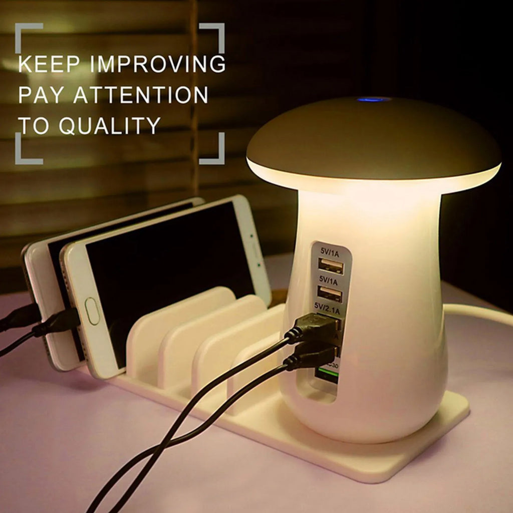 White USB charging station with five ports and mushroom-shaped LED desk lamp for multi-device charging